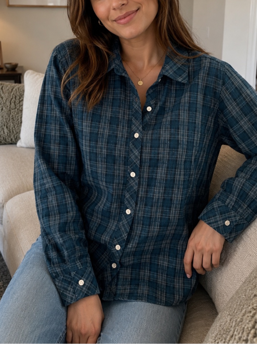 Christopher & Banks Dark Teal Plaid Button Up
